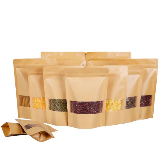 Custom Printed Small Biodegradable Coffee Tea Food Packaging Ziplock Bag Brown Kraft Paper Stand up Pouch with Zipper and Window