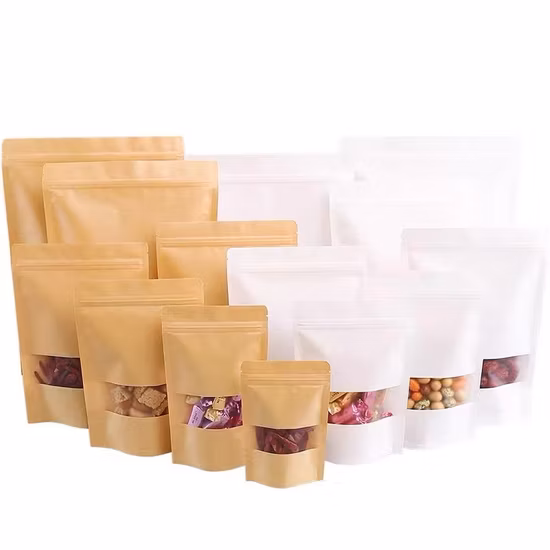 Custom Printed Small Biodegradable Coffee Tea Food Packaging Ziplock Bag Brown Kraft Paper Stand up Pouch with Zipper and Window